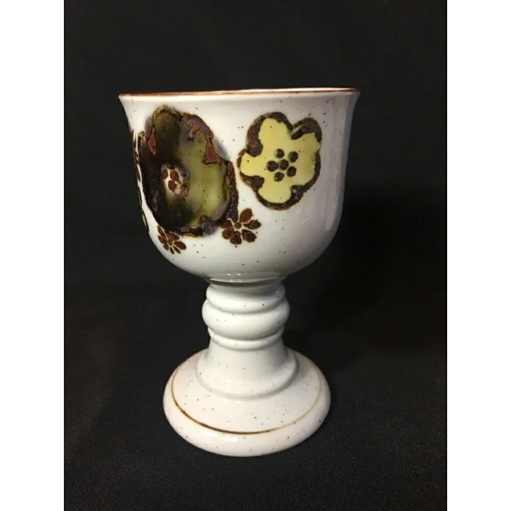 Otagiri 1970s Goblets & Carafe Set Wine Chalice Stoneware Pansy Floral Footed - Picture 4 of 12